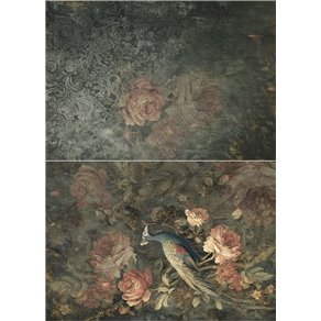 Papier de riz A4 fond bleu oiseau et roses