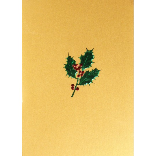 Carte d'art embossé houx vert et rouge fond or Carte d'art embossé houx vert et rouge fond or