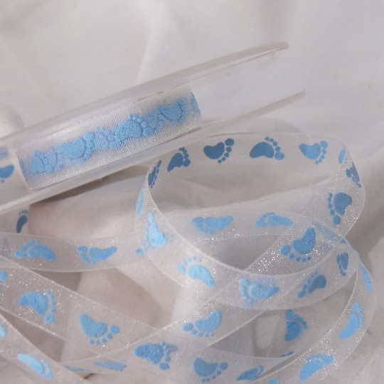 Ruban bébé organza blanc pieds de bébé bleu 1cm x 5m Ruban bébé organza blanc pieds de bébé bleu 1cm x 5m