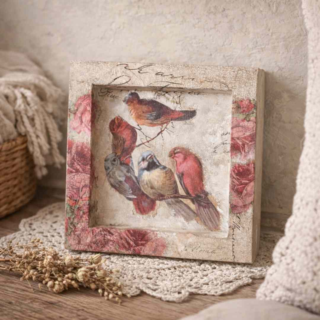Encadrement avec papier de riz et vernis craquelé Encadrement réalisé avec papier de riz et vernis craquelé