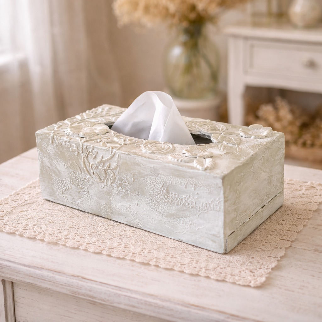 Boîte à mouchoirs avec relief et patine Boîte à mouchoirs avec relief et patine